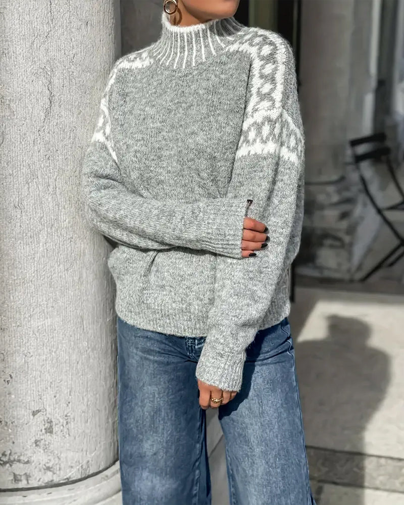 Damen Strickpullover Gemustert Stehkragen Warm