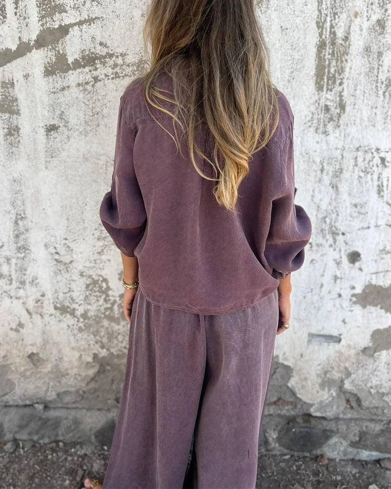 Damen Zweiteiler Uni weite Hose lockere Bluse
