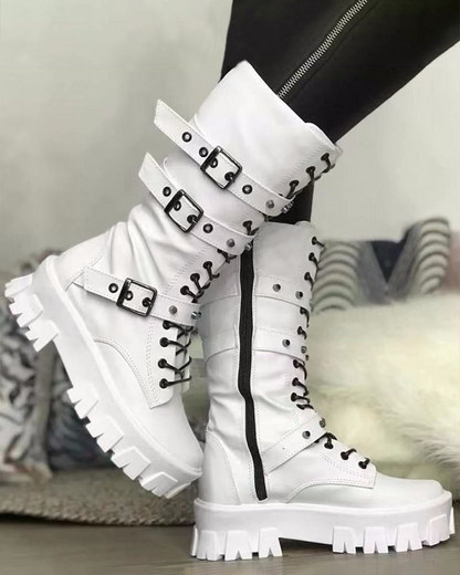 Damen Military Boots Robust Schnürung Verstellbare Schnallen