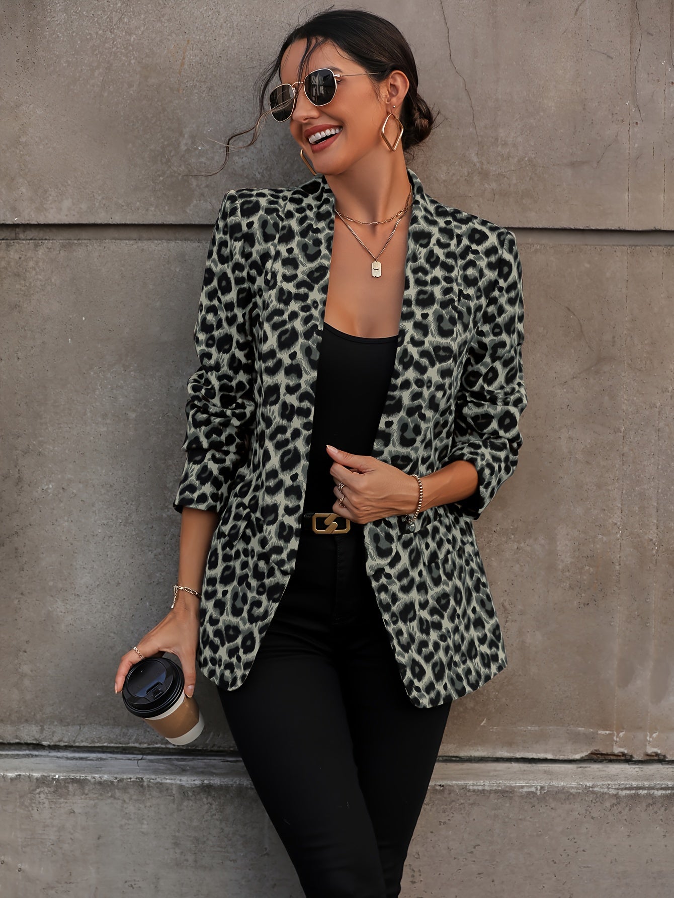 Eveloria Damen Business Langblazer Leopardenmuster