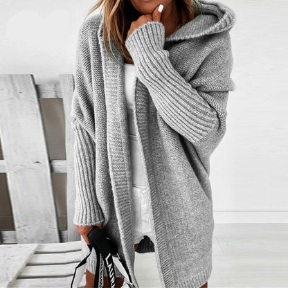 Damen Strickjacke Lange Kapuze Warmer Beige - Eveloria