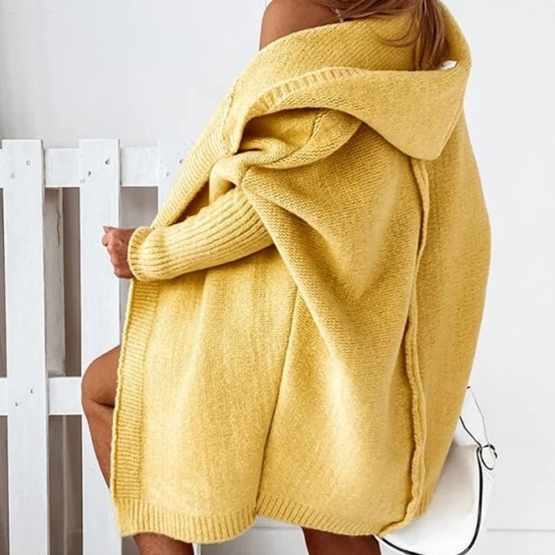 Damen Strickjacke Lange Kapuze Warmer Beige