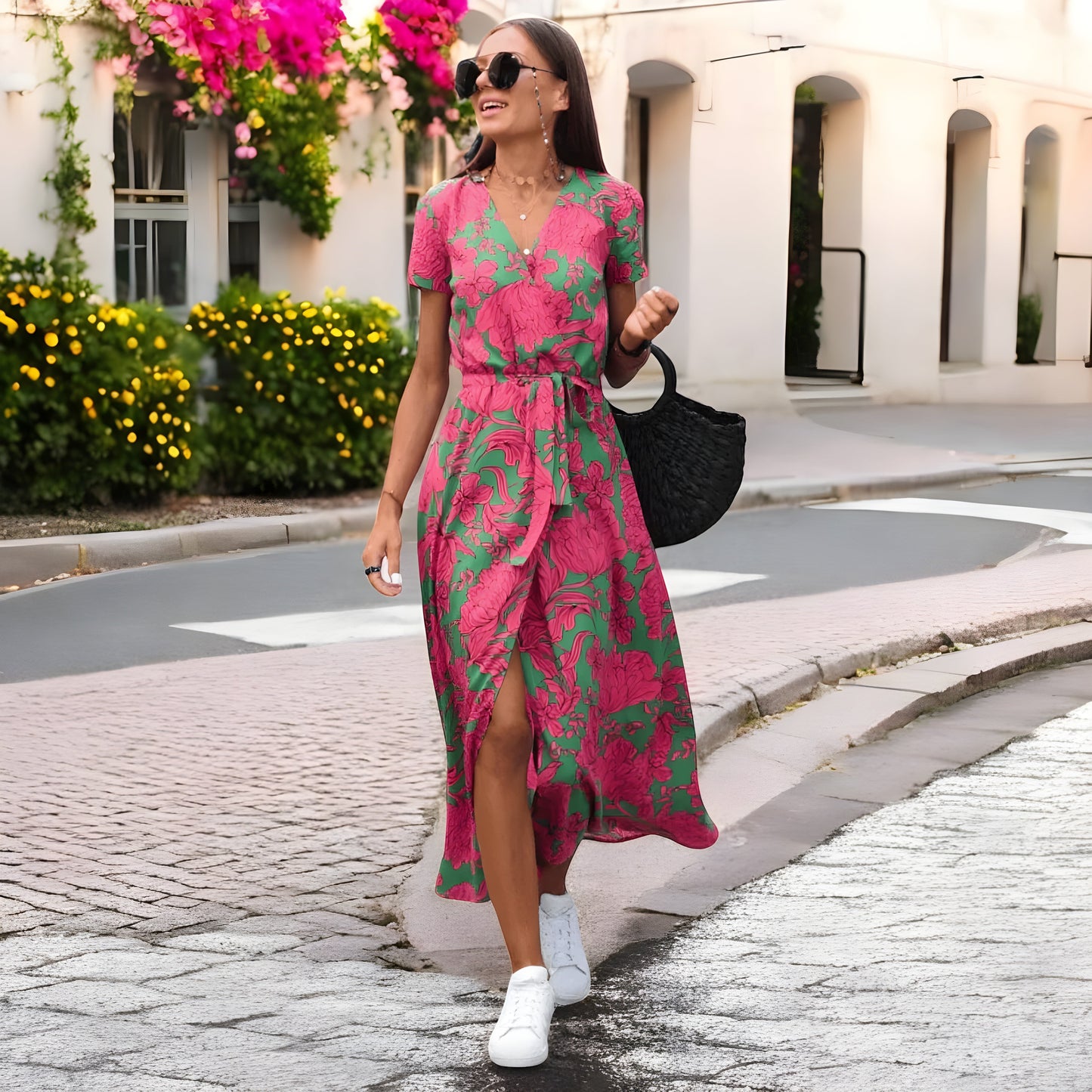 Damen Wickelkleid mit Gürtel Printmuster Kurzarm - Eveloria