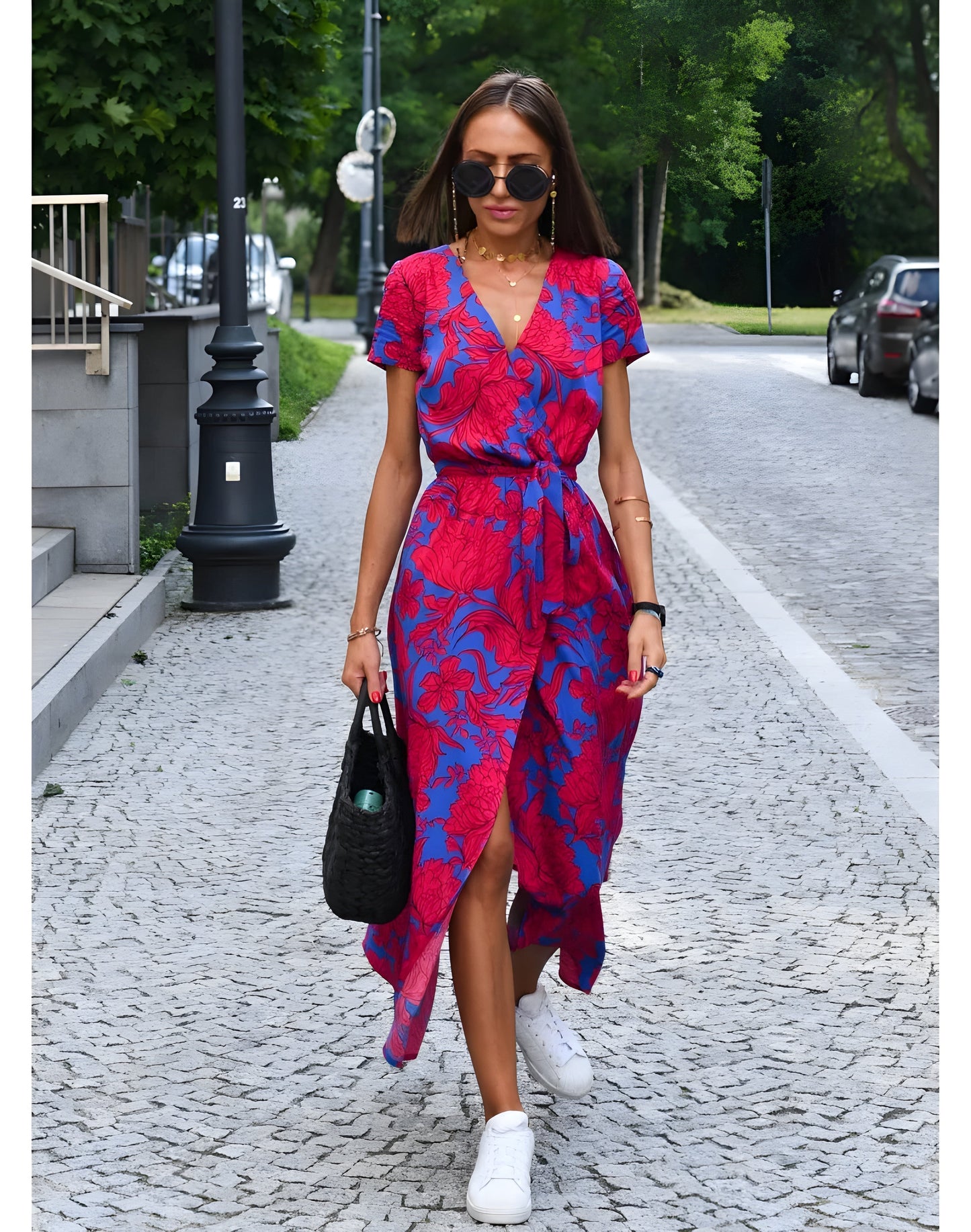 Damen Wickelkleid mit Gürtel Printmuster Kurzarm