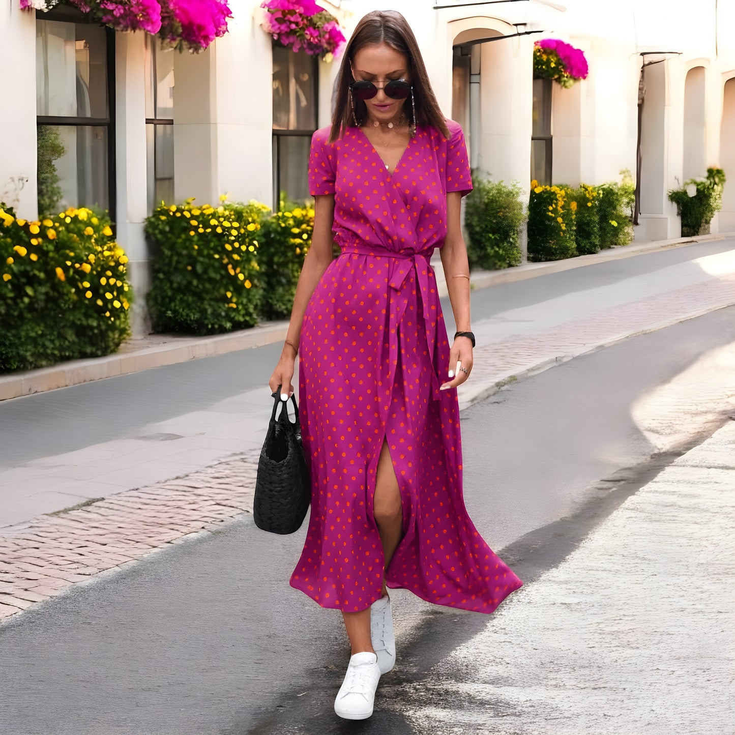 Damen Wickelkleid mit Gürtel Printmuster Kurzarm