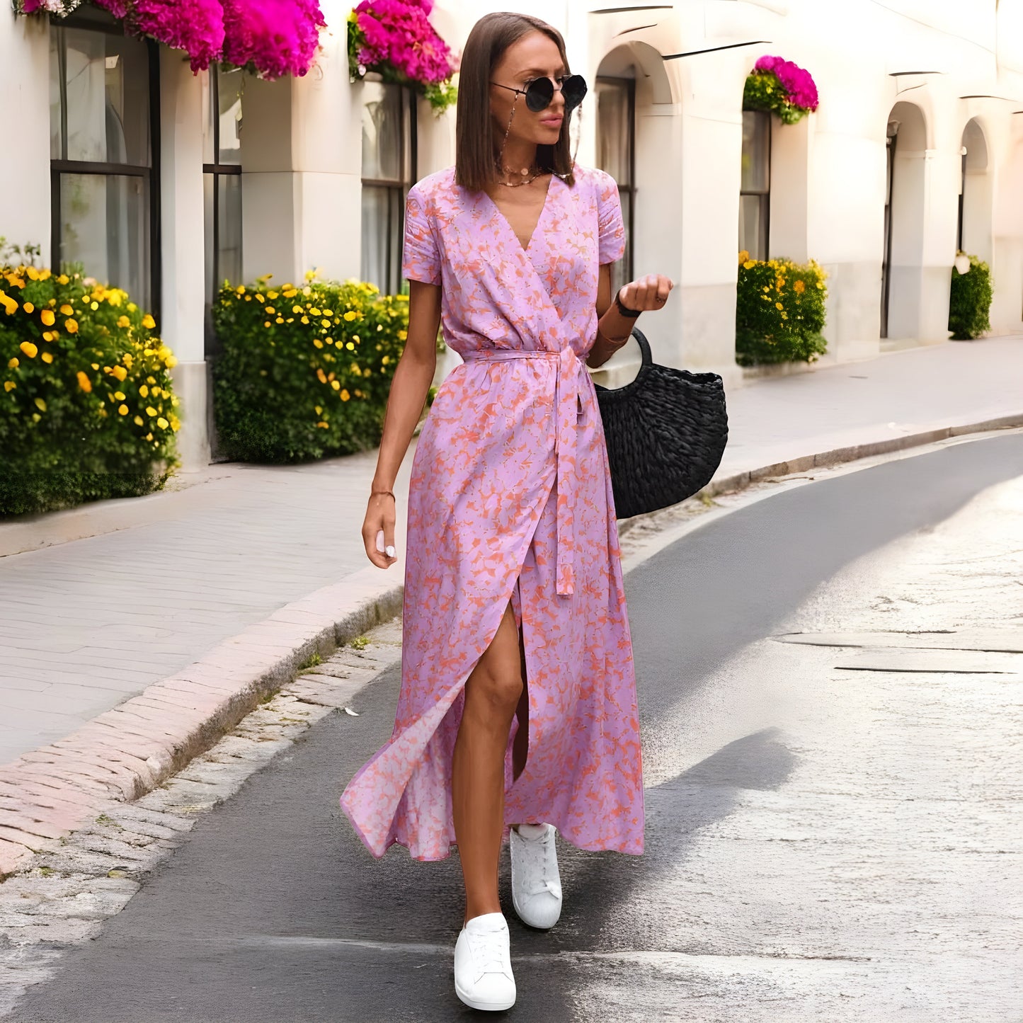 Damen Wickelkleid mit Gürtel Printmuster Kurzarm