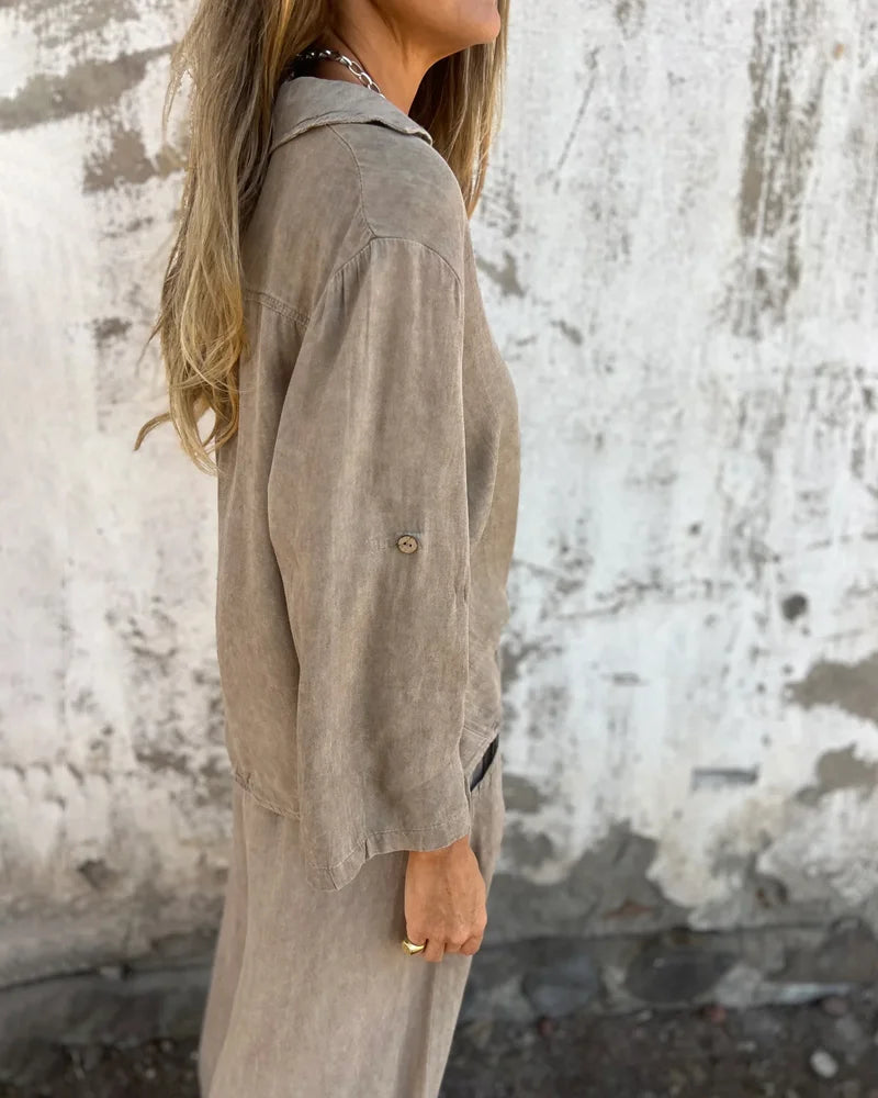 Damen Zweiteiler Uni weite Hose lockere Bluse