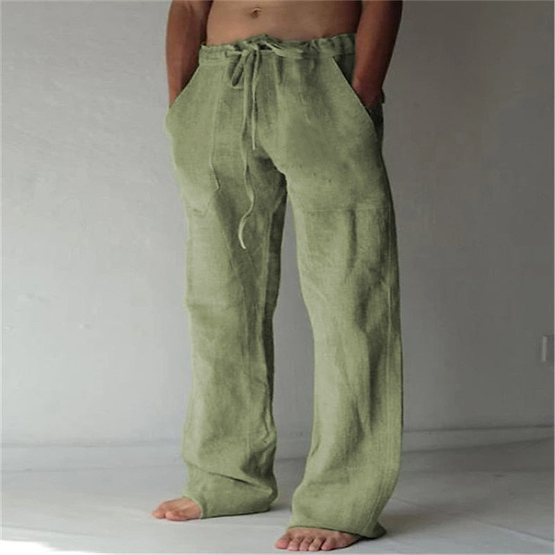 Herren Langhose Leinen Mit Kordelzug Beige