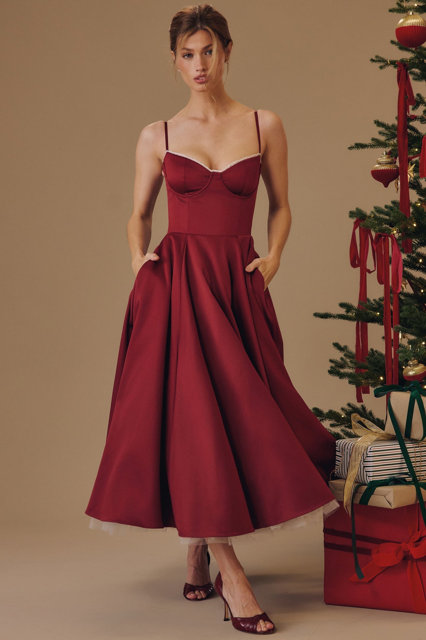 Damen Abendkleid Midi Herzförmiger Ausschnitt