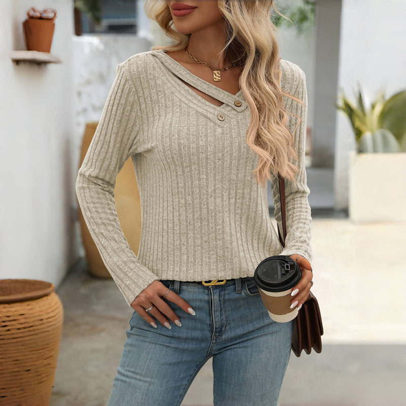 Damen Strickpullover V-Ausschnitt Knopfleiste
