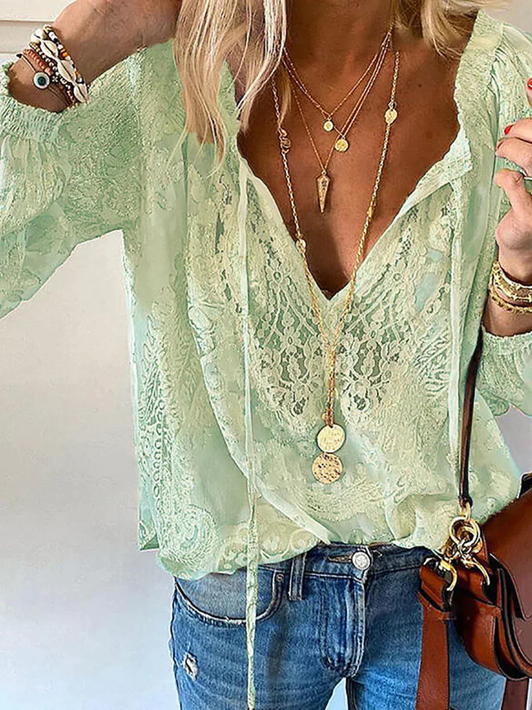 Eveloria Damenbluse V-Ausschnitt Spitze Chiffon