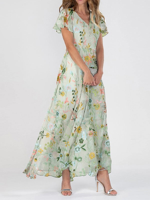 Damen Maxi-Kleid Blumenmuster V-Ausschnitt - Eveloria