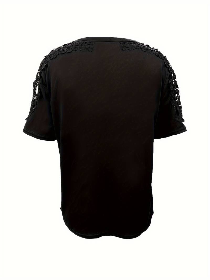 Eveloria Damen Rundhals T-Shirt Spitze Naht Einfarbig