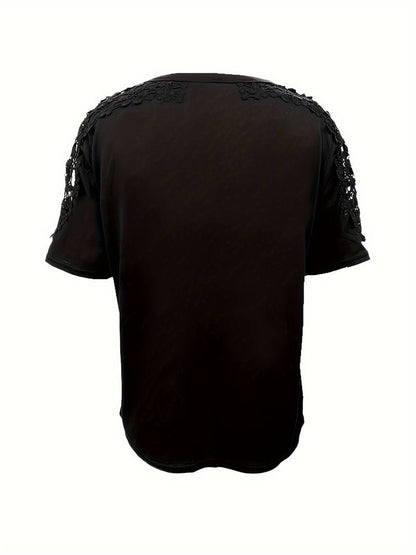 Eveloria Damen Rundhals T-Shirt Spitze Naht Einfarbig