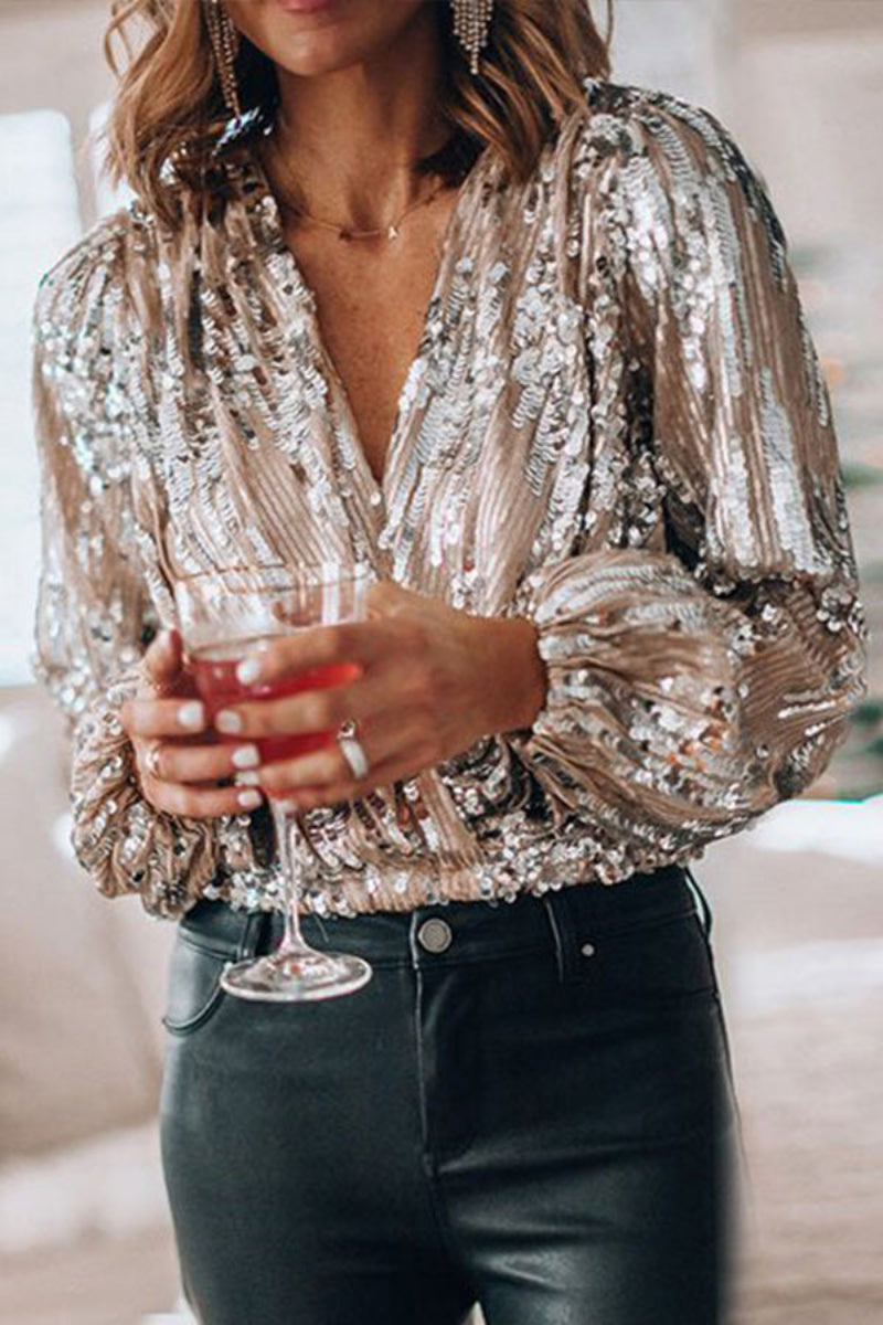 Tinky Damen Partybluse V-Ausschnitt Puffärmel Glitzer Lurex Effekt