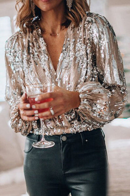 Tinky Damen Partybluse V-Ausschnitt Puffärmel Glitzer Lurex Effekt