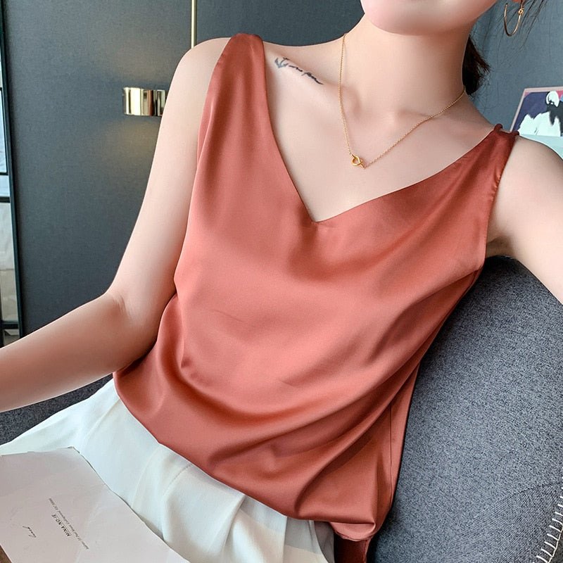 Damen Satin V-Ausschnitt Elegantes Oberteil
