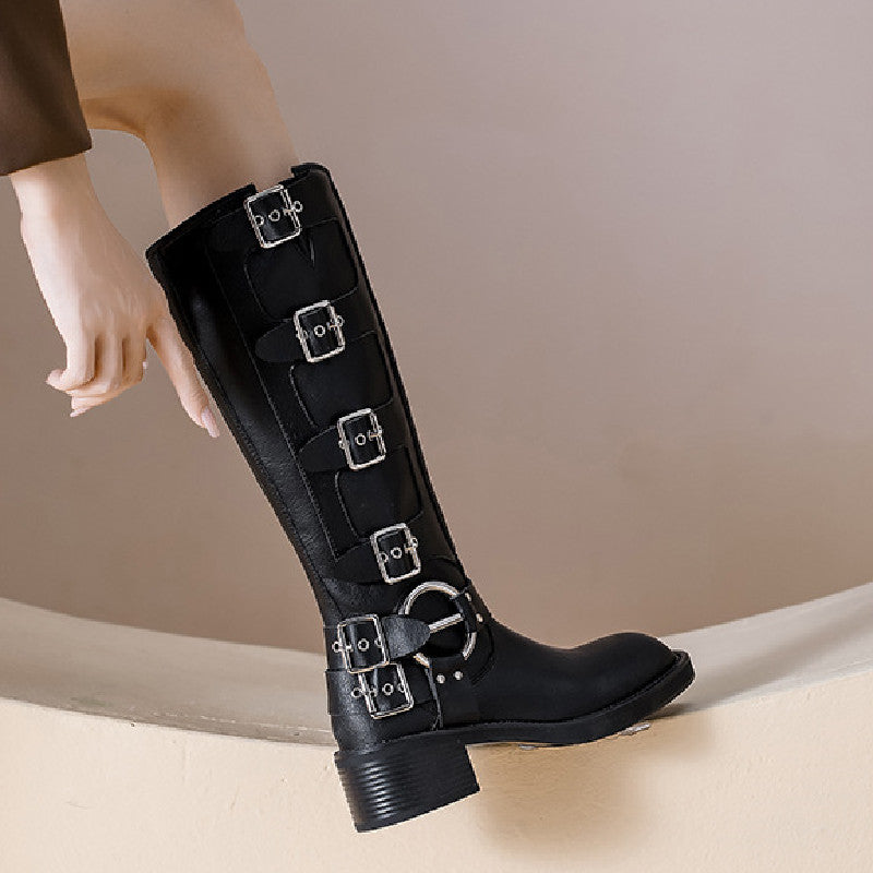 Damen Stiefel Chunky Absatz Schnalle schwarz - Eveloria
