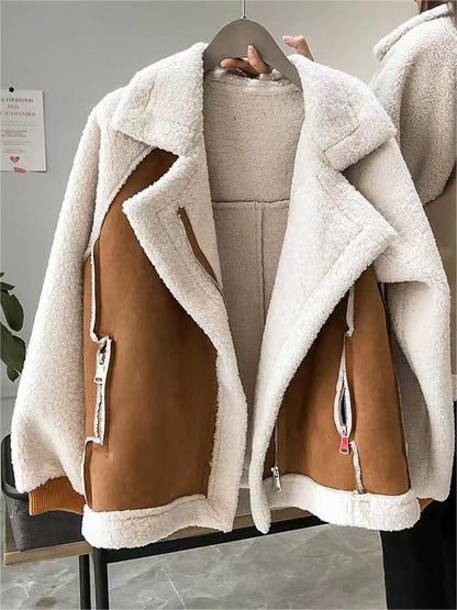 Eveloria Damen Oversize Kunstfelljacke Wildlederoptik Reverskragen