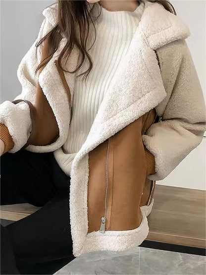 Eveloria Damen Oversize Kunstfelljacke Wildlederoptik Reverskragen