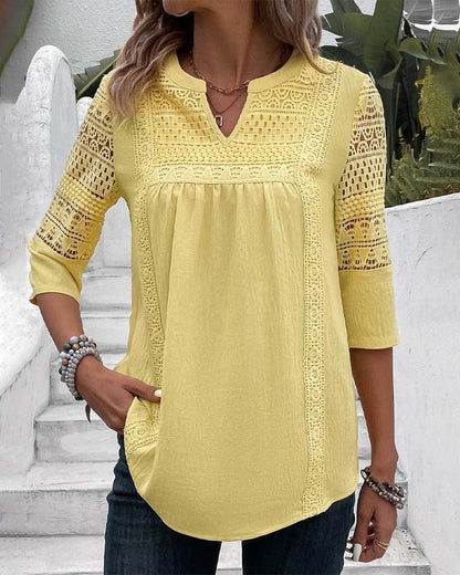 Damen Leinenbluse Gelb Spitzen-Details 3/4-Ärmel - Eveloria
