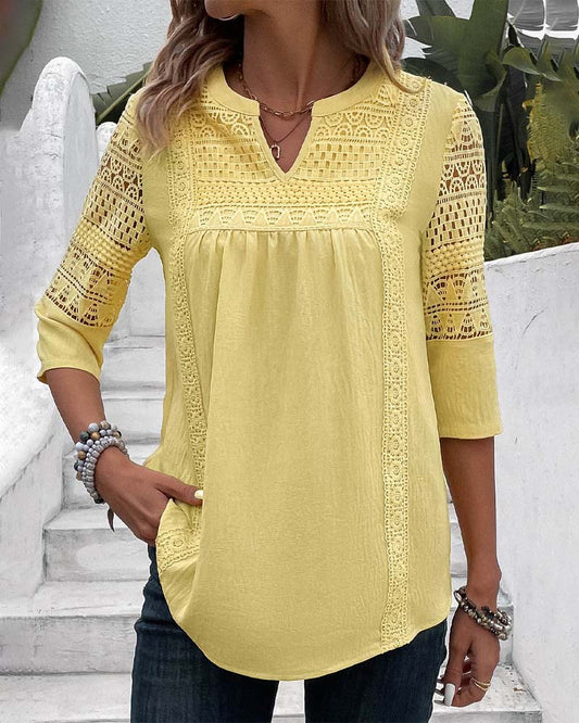 Damen Leinenbluse Gelb Spitzen-Details 3/4-Ärmel - Eveloria