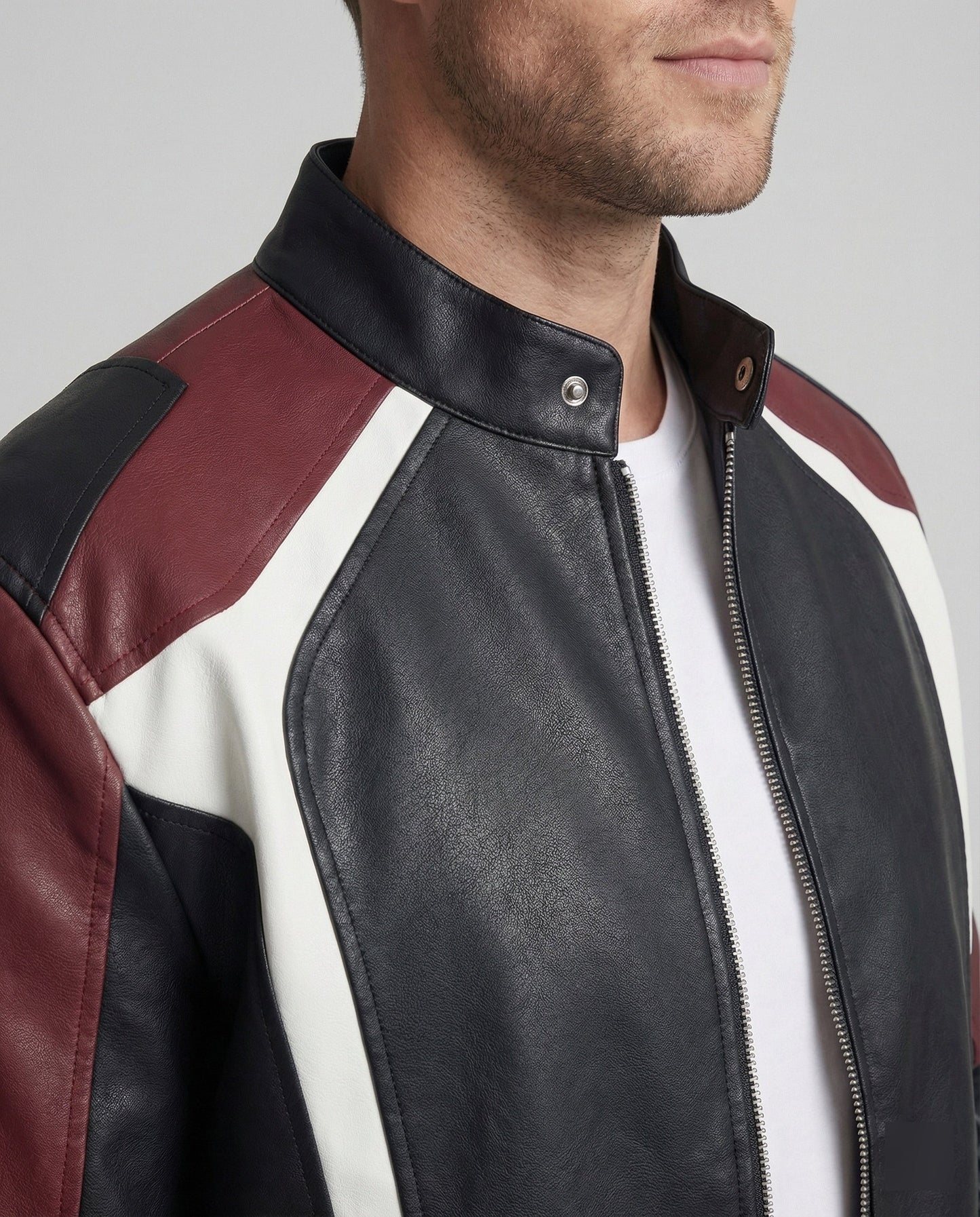 Herren Lederjacke Stehkragen Panel Design