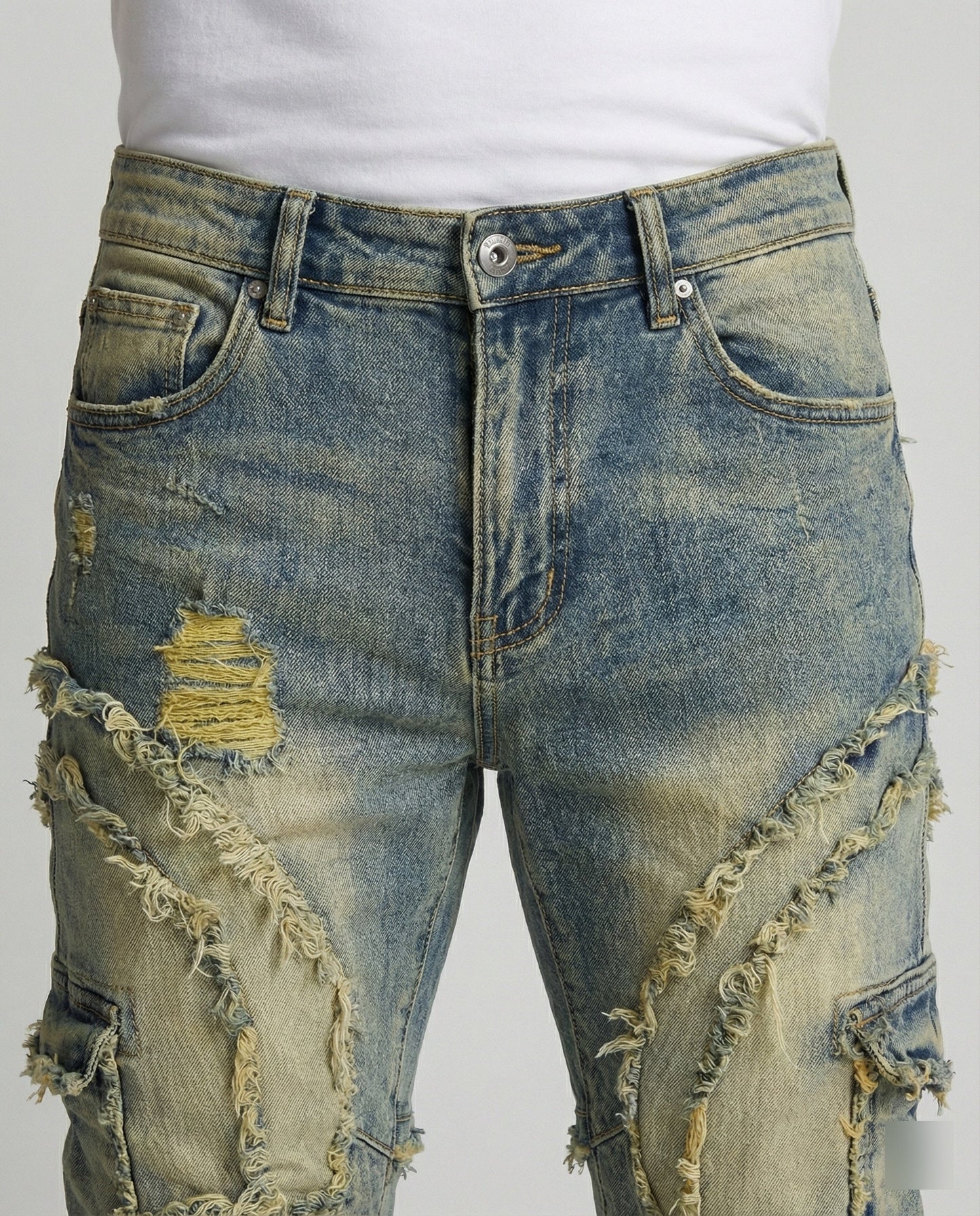 Herren Destroyed Jeans Cargotaschen Blau