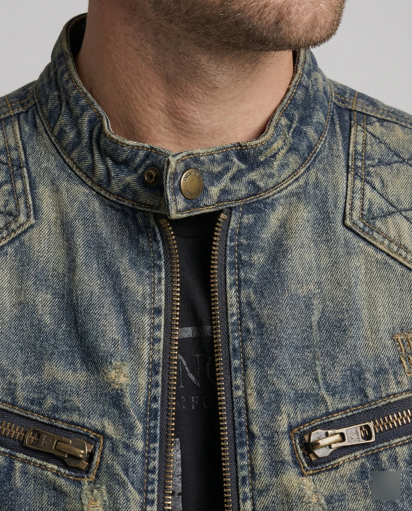 Herren Bikerjacke Stehkragen Jeans