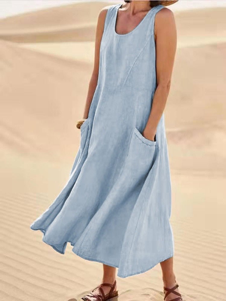 Sommerkleid Damen Leichtes Kleid mit Taschen Beige