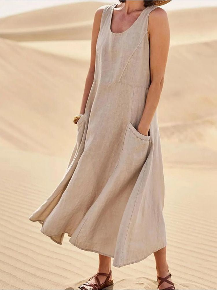 Sommerkleid Damen Leichtes Kleid mit Taschen Beige - Eveloria