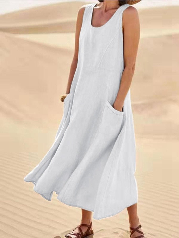 Sommerkleid Damen Leichtes Kleid mit Taschen Beige