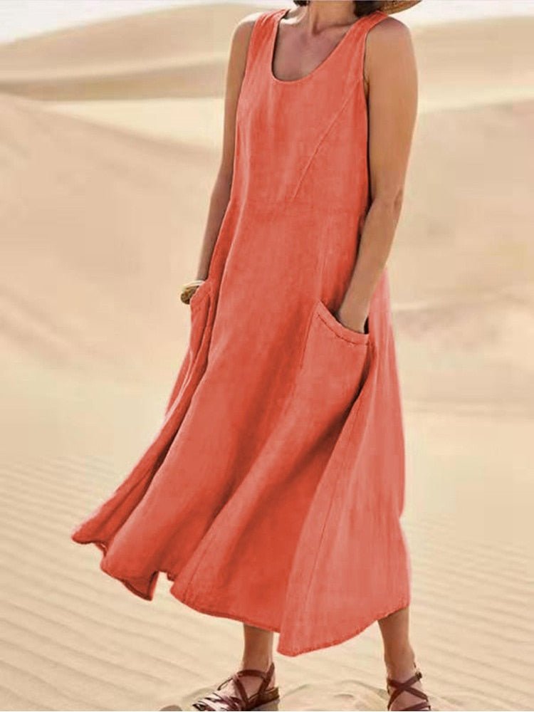 Sommerkleid Damen Leichtes Kleid mit Taschen Beige
