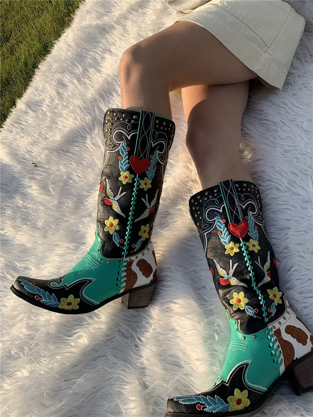 Damen Cowboy-Stiefel Bestickt Blumenmuster Braun