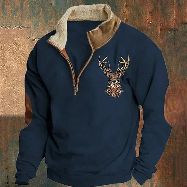 Herren Fleece Pullover Warm Stehkragen Reißverschluss Hirsch Stickerei