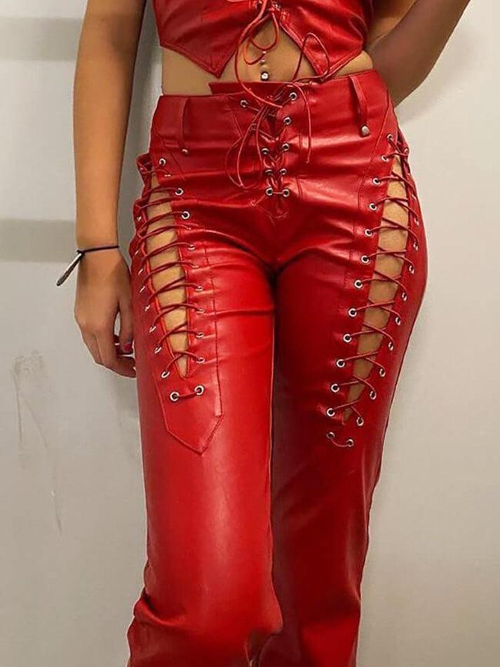 Eveloria Damen PU-Hose Cutout Schnürung