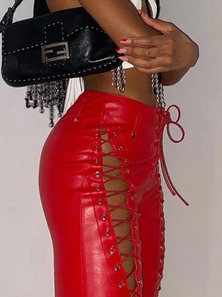 Eveloria Damen PU-Hose Cutout Schnürung