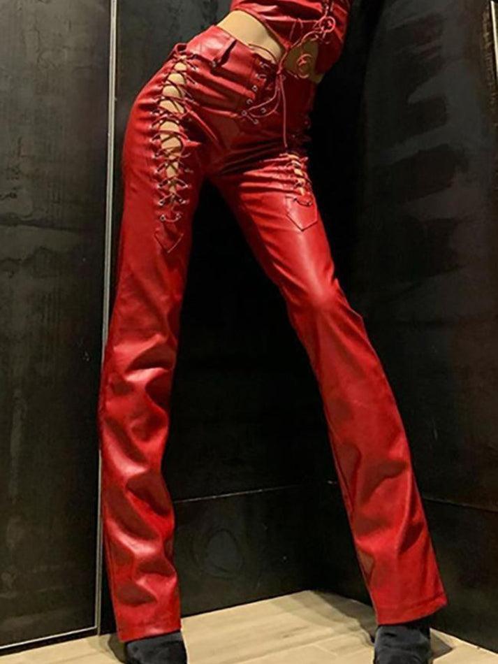 Eveloria Damen PU-Hose Cutout Schnürung