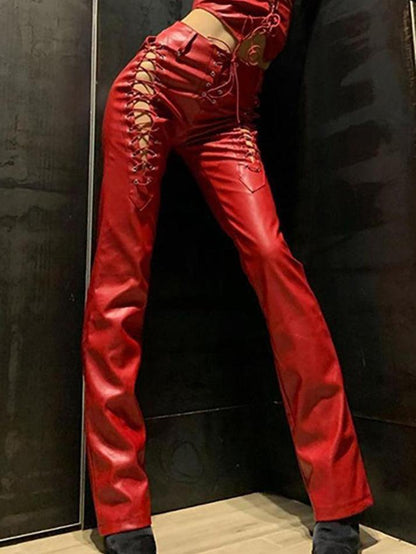 Eveloria Damen PU-Hose Cutout Schnürung