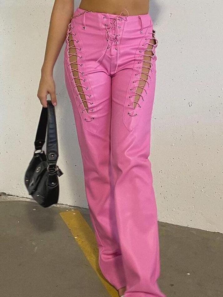 Eveloria Damen PU-Hose Cutout Schnürung