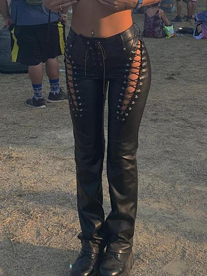 Eveloria Damen PU-Hose Cutout Schnürung