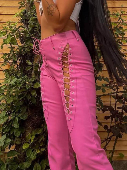 Eveloria Damen PU-Hose Cutout Schnürung