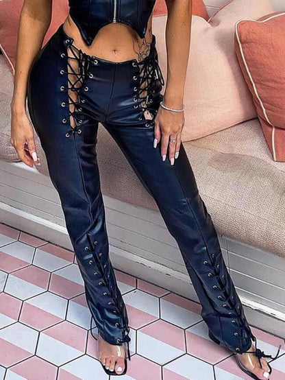 Eveloria Damen PU-Hose Cutout Schnürung
