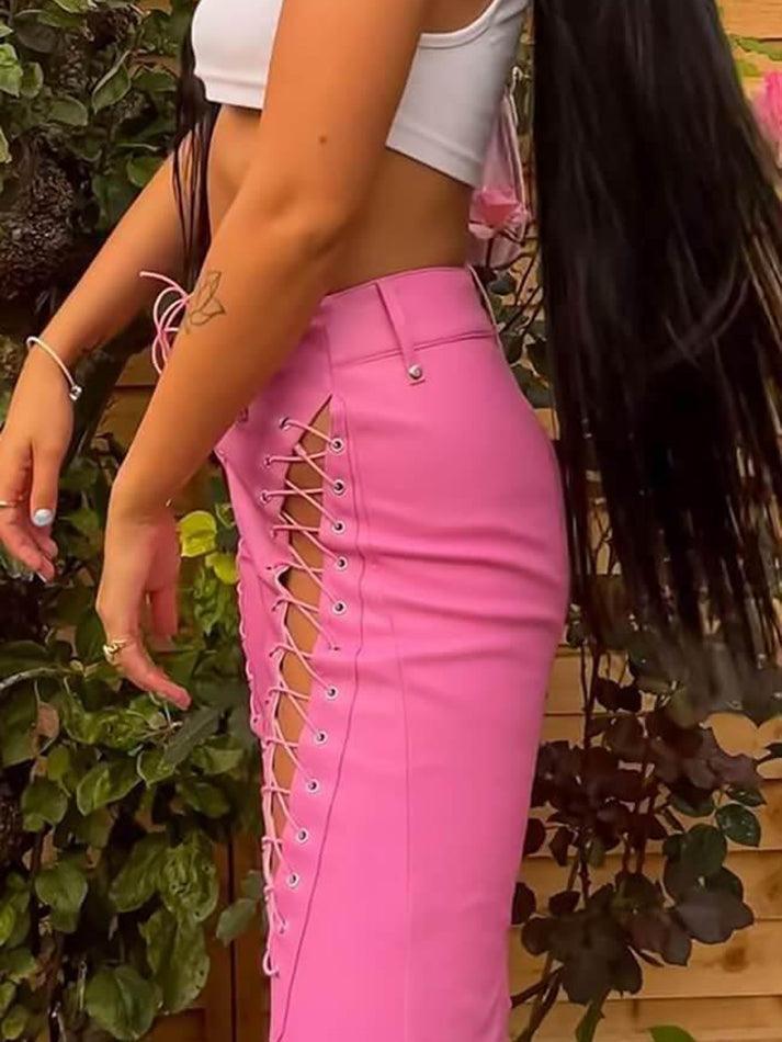 Eveloria Damen PU-Hose Cutout Schnürung