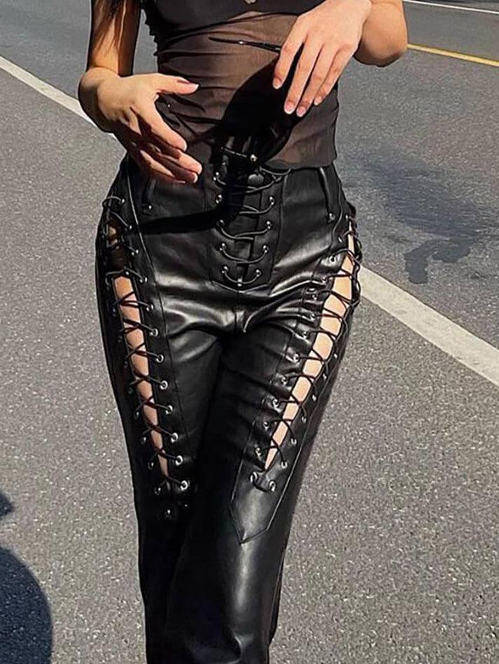 Eveloria Damen PU-Hose Cutout Schnürung