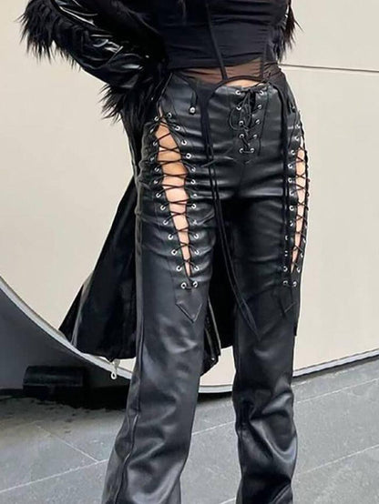 Eveloria Damen PU-Hose Cutout Schnürung
