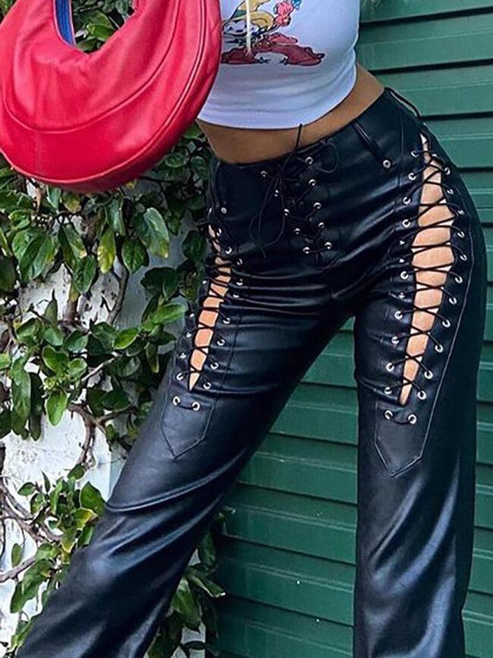 Eveloria Damen PU-Hose Cutout Schnürung