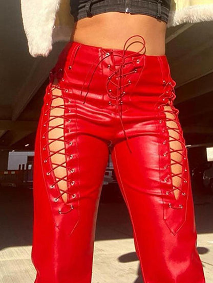 Eveloria Damen PU-Hose Cutout Schnürung