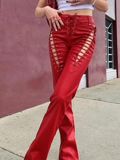 Eveloria Damen PU-Hose Cutout Schnürung