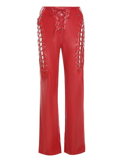 Eveloria Damen PU-Hose Cutout Schnürung Schwarz - Eveloria